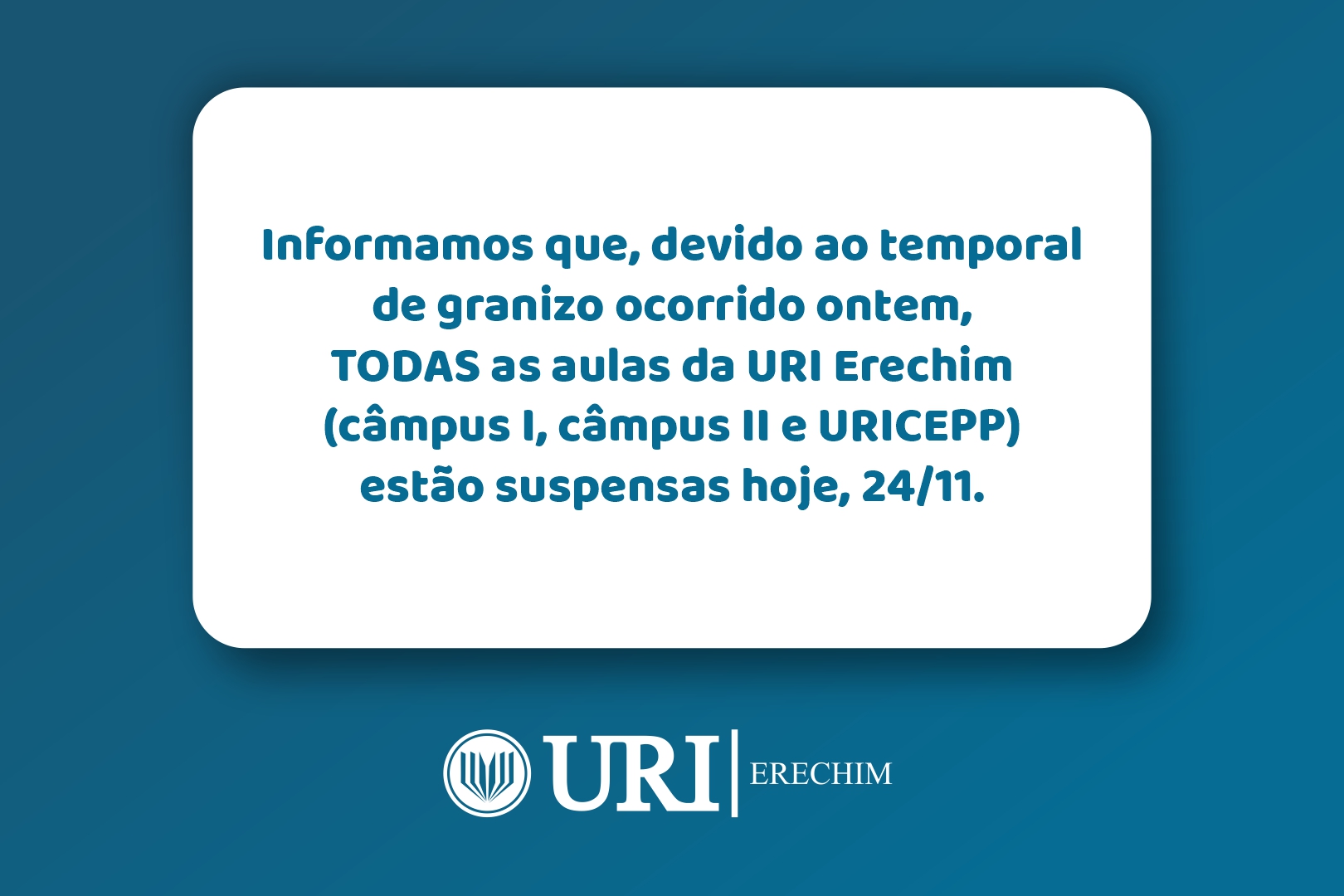 Ir para  <h1>Em nova avalia&ccedil;&atilde;o feita na manh&atilde; de hoje, a URI Erechim&nbsp; (Universidade Regional Integrada do Alto Uruguai e das Miss&otilde;es), decidiu cancelar todas as aulas, tanto da Escola...