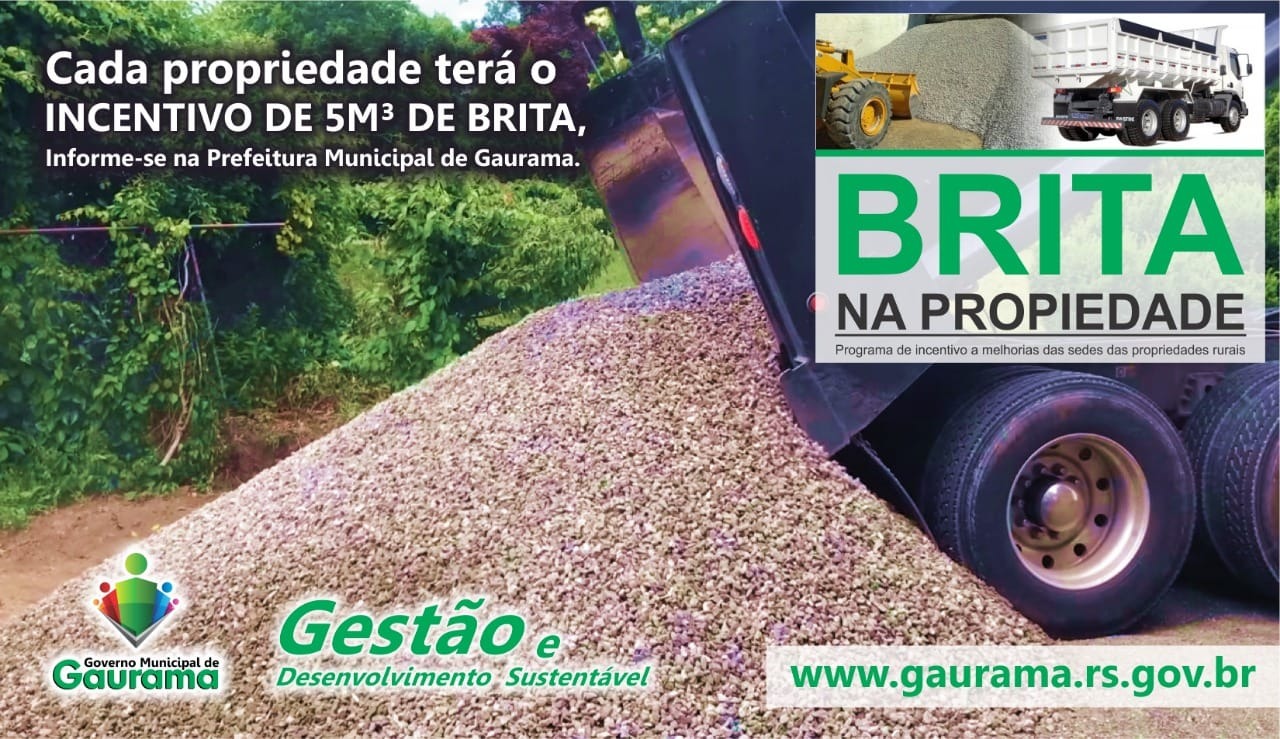 Ir para  <p><big>As primeiras cargas de brita come&ccedil;aram a ser entregues nas propriedades rurais do munic&iacute;pio de Gaurama. O programa Brita na Propriedade desenvolvido pelo Governo Municipal ir&aacute; distribuir...