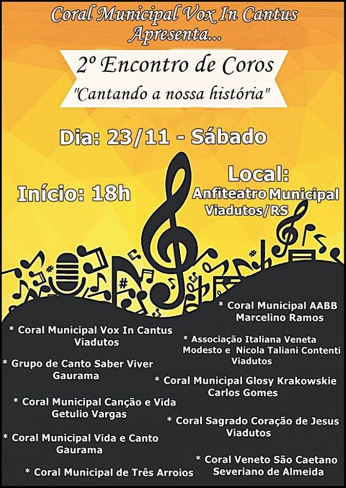 Ir para  <p><big>Acontece no pr&oacute;ximo s&aacute;bado, dia 23 de novembro, o II Encontro de Coros no Anfiteatro Municipal a partir das 18 horas.</big></p>

<p><big>No Encontro al&eacute;m do Coral...