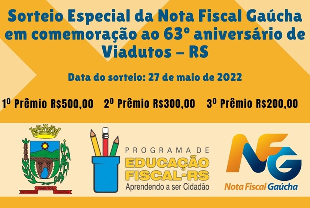 Sorteio Especial da Nota Fiscal Gaúcha de Aniversário do Município acontece dia 27 de maio.