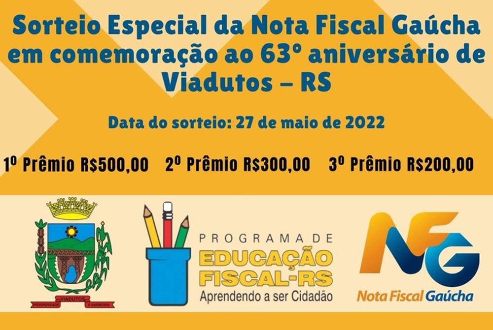 Ir para  <p><big><span dir="auto">Em comemora&ccedil;&atilde;o ao 63&deg; anivers&aacute;rio do munic&iacute;pio de Viadutos, acontecer&aacute; no pr&oacute;ximo dia 27 de maio um SORTEIO ESPECIAL do...