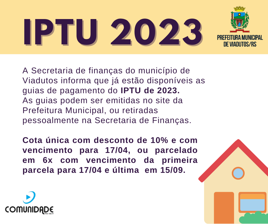 Ir para  <p>A Secretaria de finan&ccedil;as do munic&iacute;pio de Viadutos informa que j&aacute; est&atilde;o dispon&iacute;veis as guias de pagamento do IPTU de 2023. As guias podem ser emitidas no site da Prefeitura Municipal,...