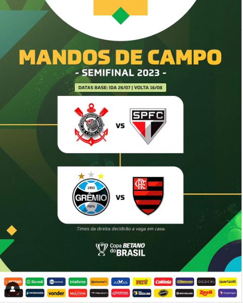 Ir para  <p><big>A CBF sorteou nesta segunda-feira (17), no Rio de Janeiro, os mandos de campo das semifinais da Copa do Brasil. O Corinthians recebe o S&atilde;o Paulo, e o Gr&ecirc;mio encara o Flamengo nos jogos de ida no dia 26 de...