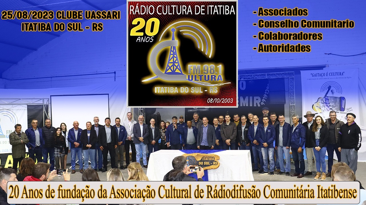 Ir para  <p><big>&nbsp;A noite de sexta-feira dia 25 de agosto, ficou marcada na hist&oacute;ria de Itatiba do Sul, na data em que marcou os 20 anos de funda&ccedil;&atilde;o da Associa&ccedil;&atilde;o Cultural de...