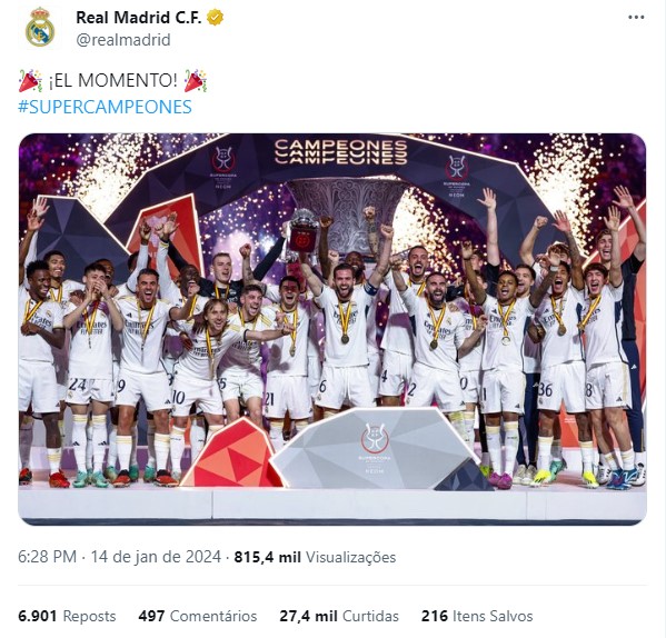 Ir para  <p><big>O Real Madrid contou com o faro de gol do atacante Vin&iacute;cius J&uacute;nior para golear o Barcelona por 4 a 1 e conquistar o t&iacute;tulo da Supercopa da Espanha, neste domingo (14) no Al Awwal Park, em Riad...
