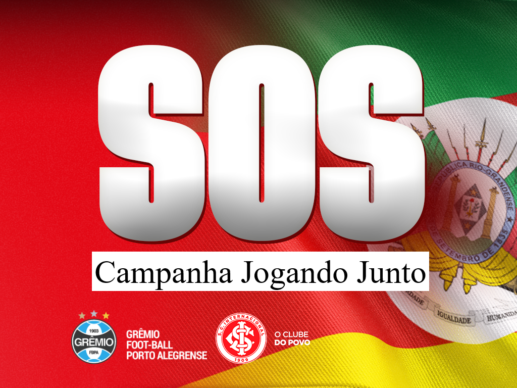 Ir para  <p><big>Gr&ecirc;mio e Internacional, com o apoio do governo do Estado, unem as cores e os s&iacute;mbolos para ajudar as pessoas afetadas pelas enchentes. Eles est&atilde;o &agrave; frente da campanha Jogando Junto...