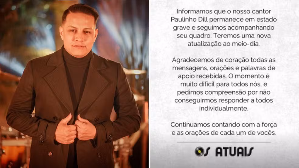 Ir para  <p><big>O cantor&nbsp;<strong>Paulinho Dill</strong>, da banda Os Atuais, sofreu um grave acidente de tr&acirc;nsito na segunda-feira (11). Conforme o Comando Rodovi&aacute;rio da Brigada Militar (CRBM), o...